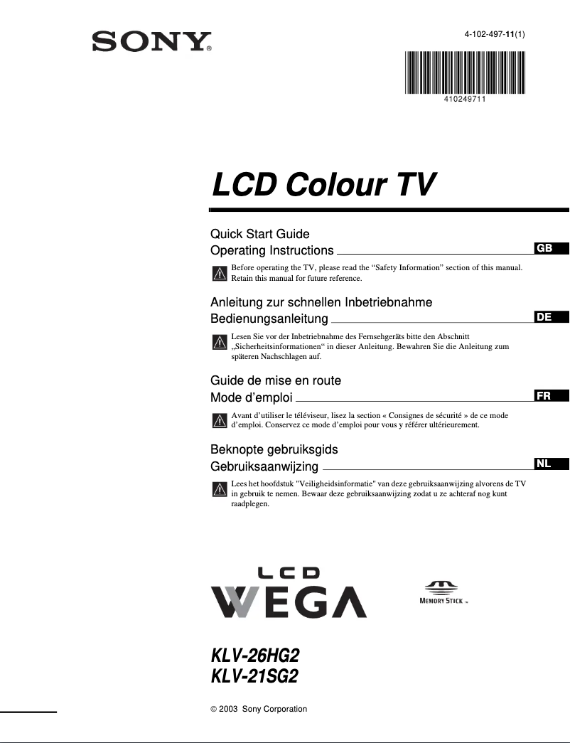 Page 1 de la notice Manuel utilisateur Sony Wega KLV-26HG2