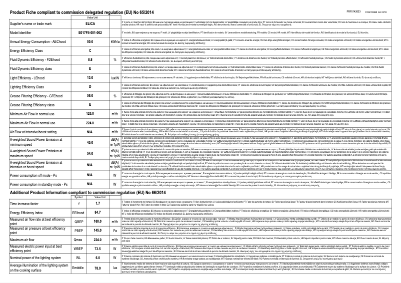 Page 1 de la notice Fiche technique Elica ERA PRF0142701