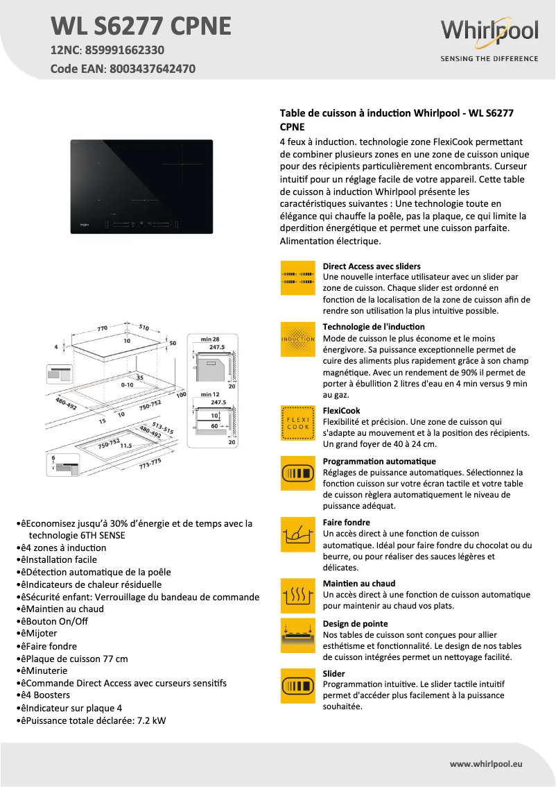 Page 1 de la notice Fiche technique Whirlpool WL S6277 CPNE