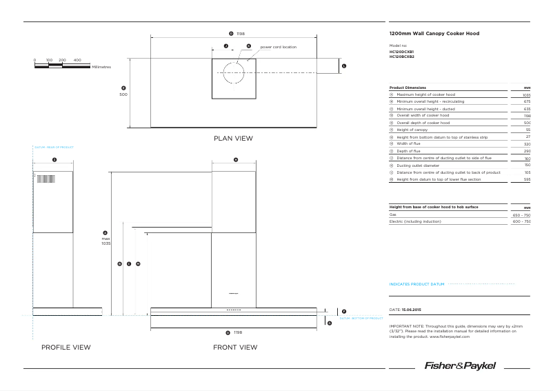 Page 1 de la notice Fiche technique Fisher & Paykel HC120BCXB2