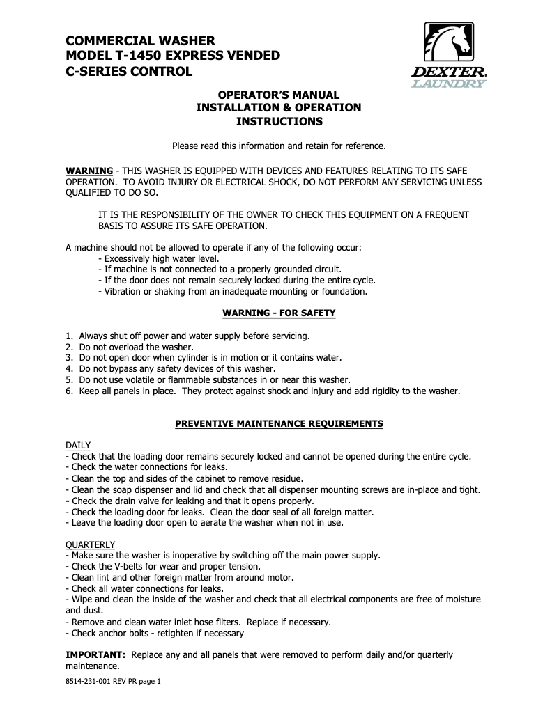 Page 1 de la notice Manuel utilisateur Dexter T-1450 Express