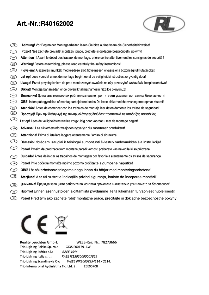 Page 1 de la notice Manuel utilisateur Trio Lighting Magno
