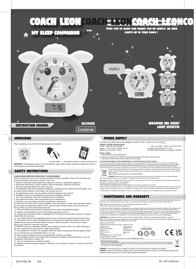 Image de la première page du manuel de l'appareil Coach Leon RLT101EN