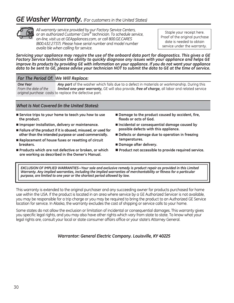 Page 1 of the manual Warranty Information GE GFQ14ESSNWW