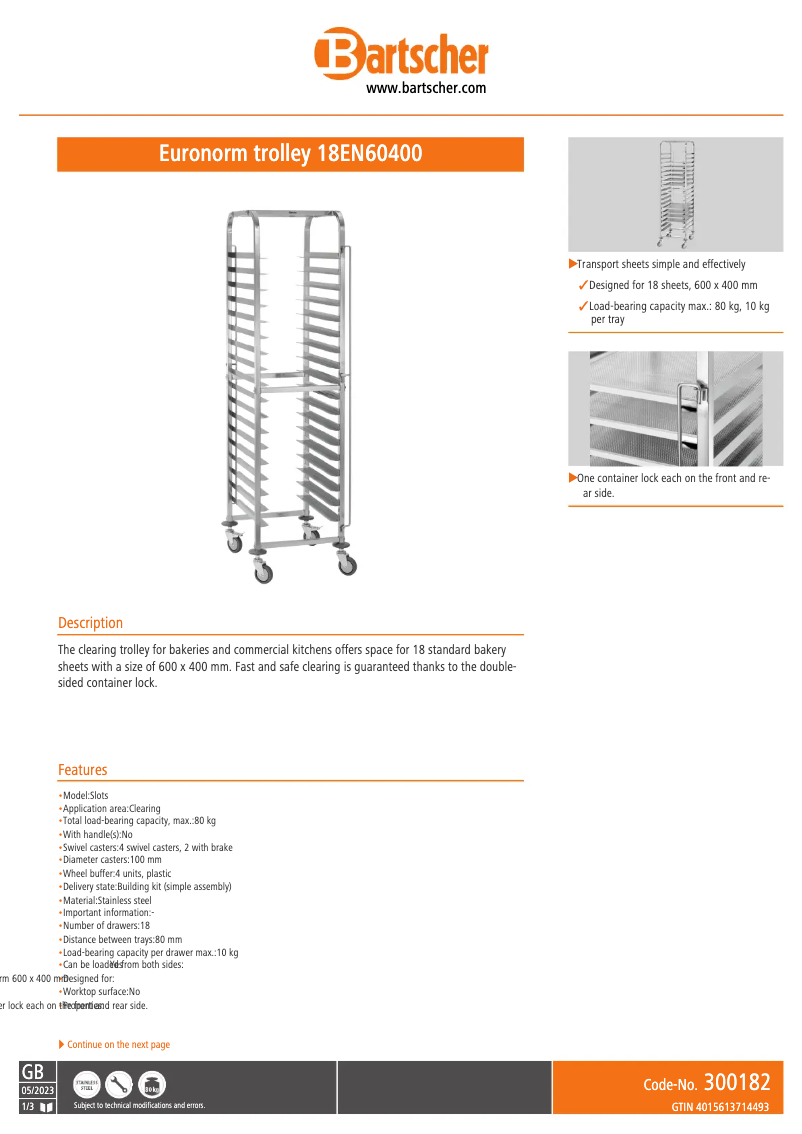 Page 1 de la notice Fiche technique Bartscher 18EN60400