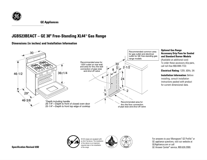 Page 1 de la notice Fiche technique GE JGBS23BEAAD