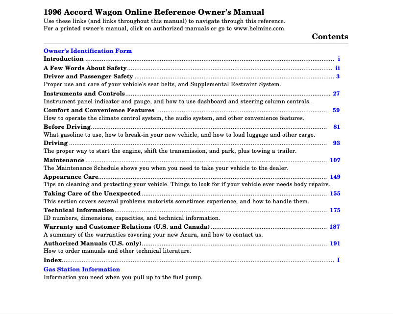 Image de la première page du manuel de l'appareil Accord Sedan (1996)