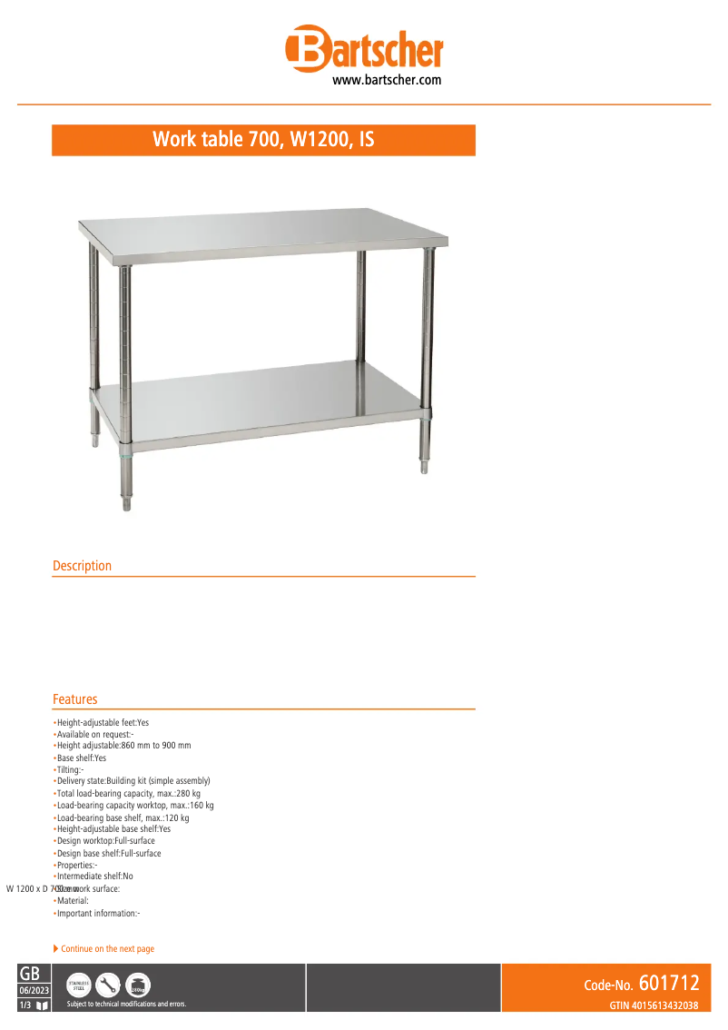 Page n°1 - Fiche technique Bartscher 601712