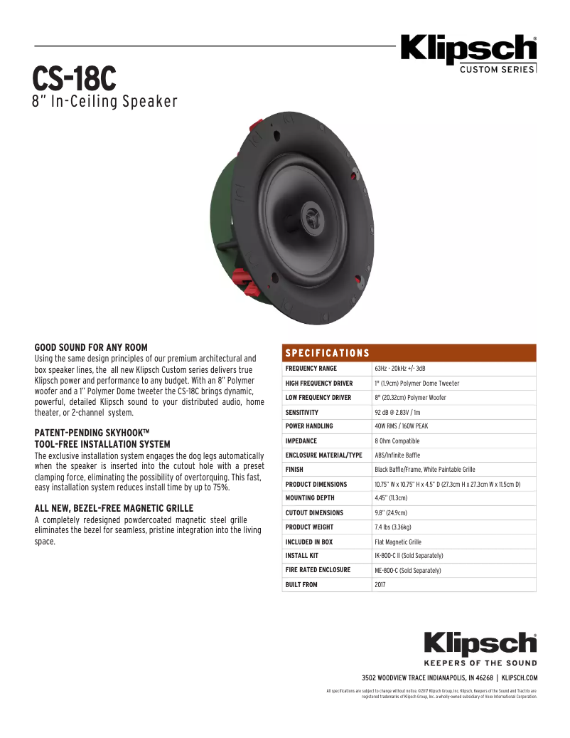 Page 1 de la notice Fiche technique Klipsch CS-18C