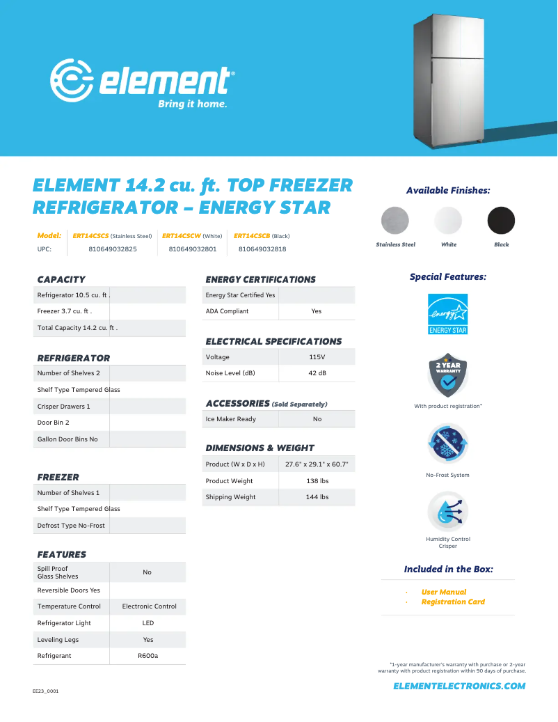 Page 1 de la notice Fiche technique Element ERT14CSCS