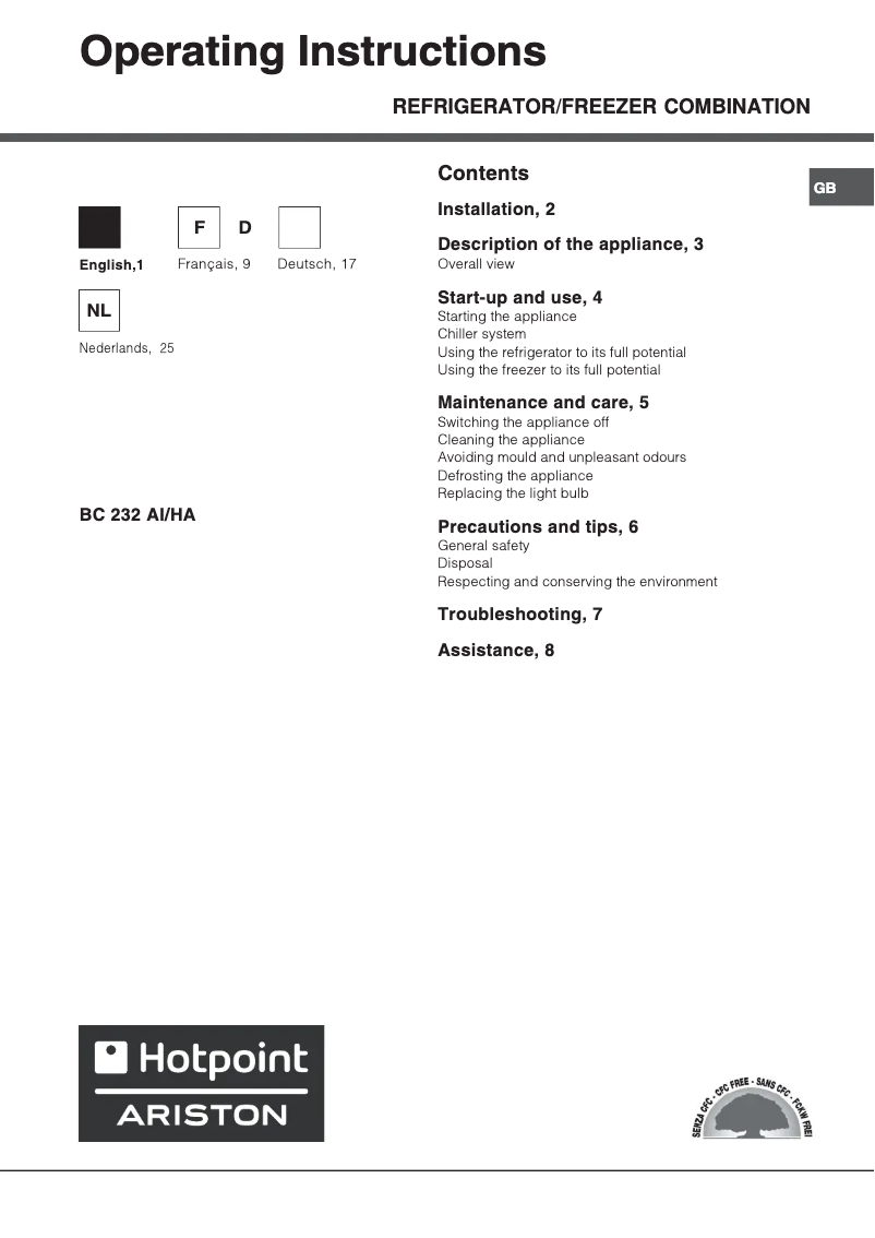 Page 1 de la notice Manuel utilisateur Hotpoint Ariston BC 232 AI