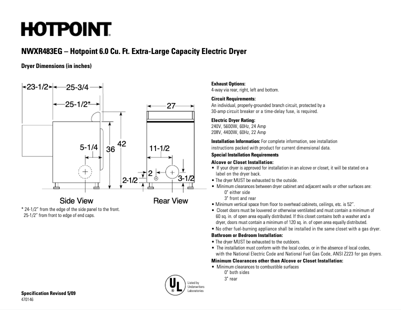 Page n°1 - Fiche technique Hotpoint NWXR483EGWW