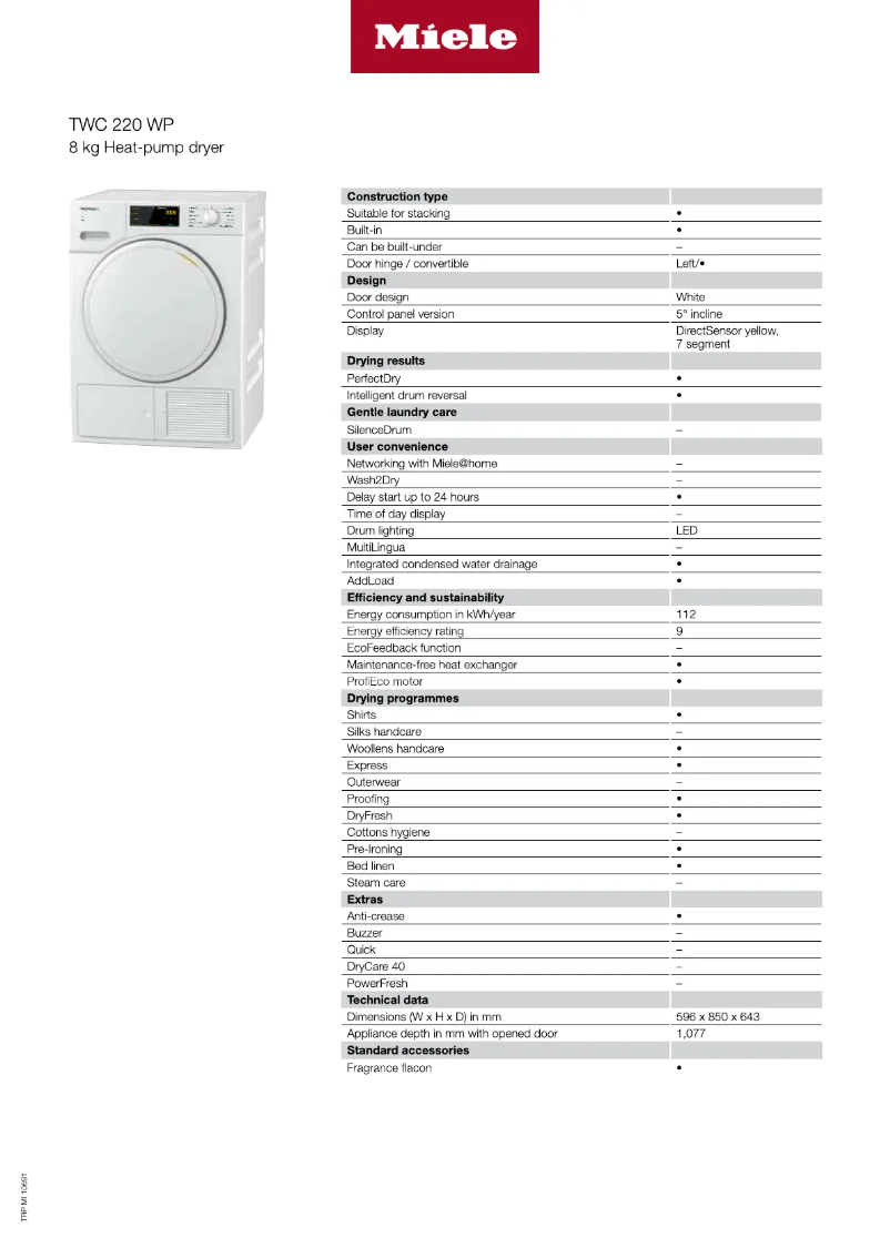 Page n°1 - Fiche technique Miele TWC220WP