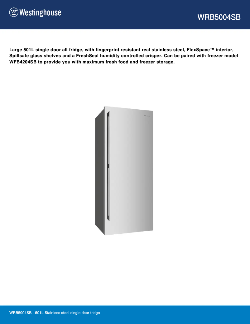 Page 1 de la notice Fiche technique Westinghouse WRB5004SB