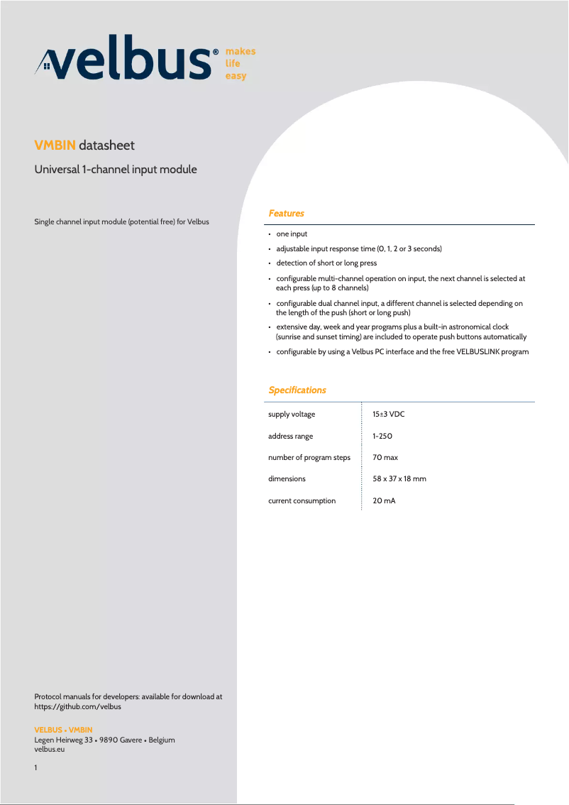 Page 1 de la notice Fiche technique Velbus VMBIN