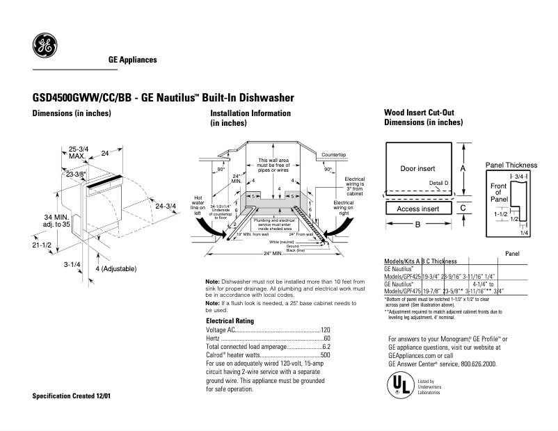 Page n°1 - Fiche technique GE GSD4500GWW