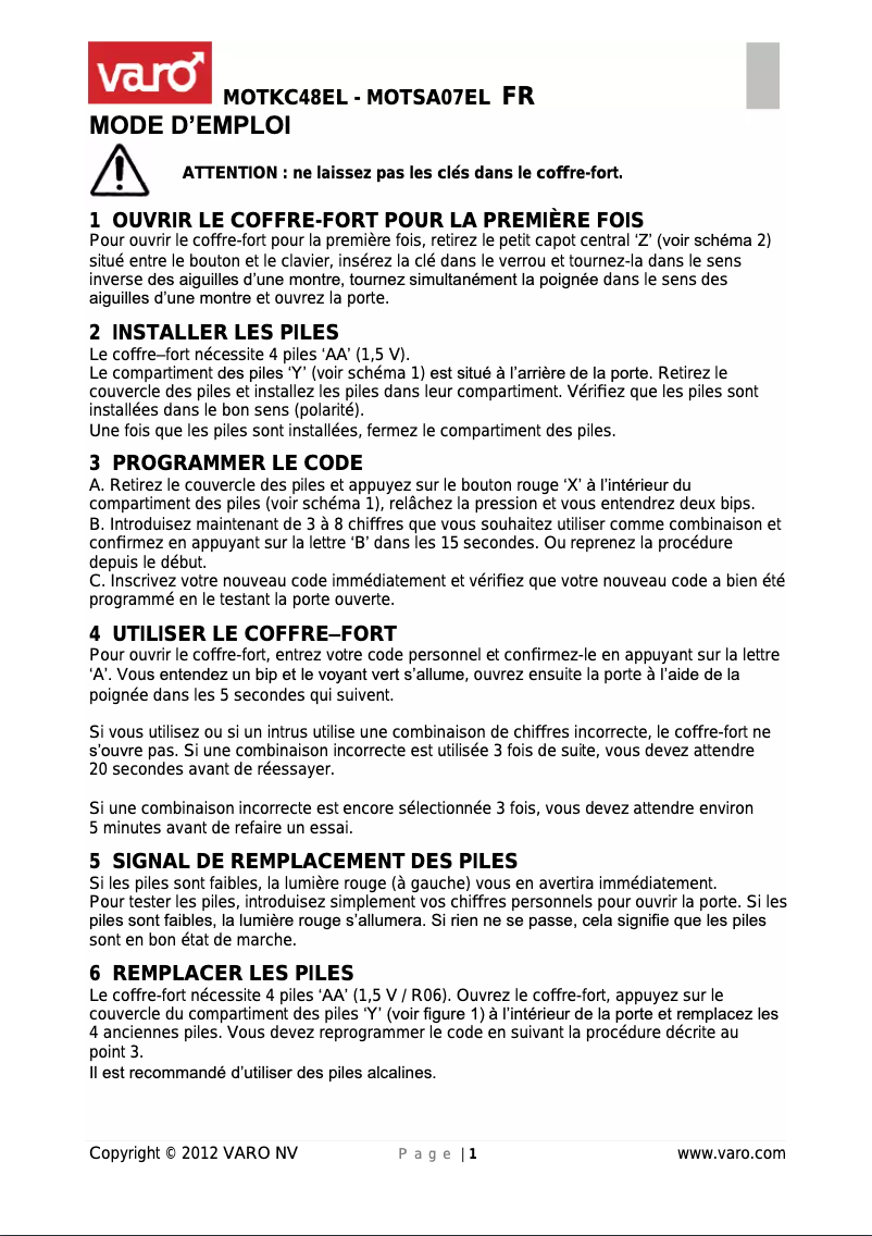 Page 1 de la notice Manuel utilisateur VARO MOTSA07EL