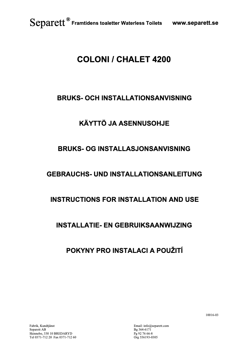 Page n°1 - Manuel utilisateur Separett Chalet 4200