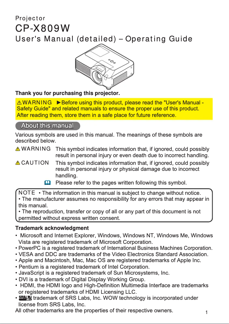 Page 1 de la notice Manuel utilisateur Hitachi CP-X809