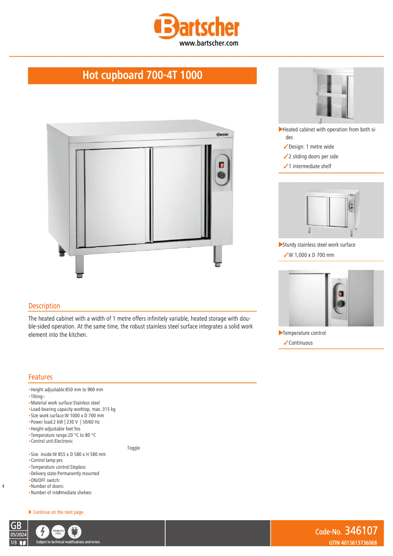 Page n°1 - Fiche technique Bartscher 700-4T 1000