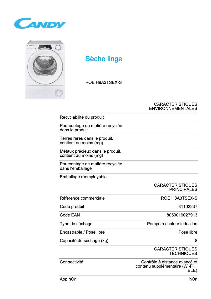 Page 1 de la notice Fiche technique Candy ROE H8A3TSEX-S