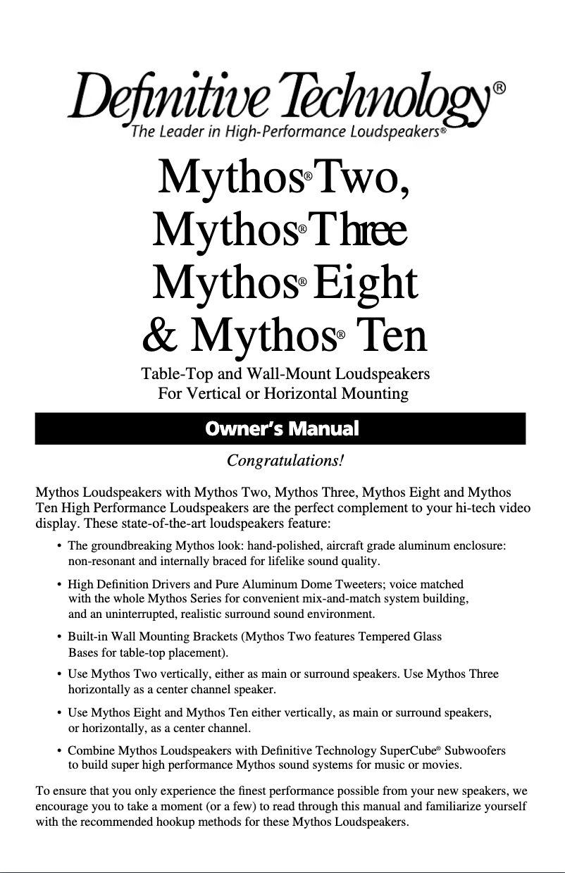 Page n°1 - Manuel utilisateur Definitive Technology Mythos Three