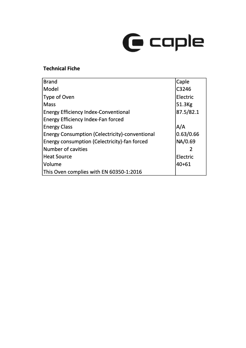 Page 1 de la notice Fiche technique Caple C3246