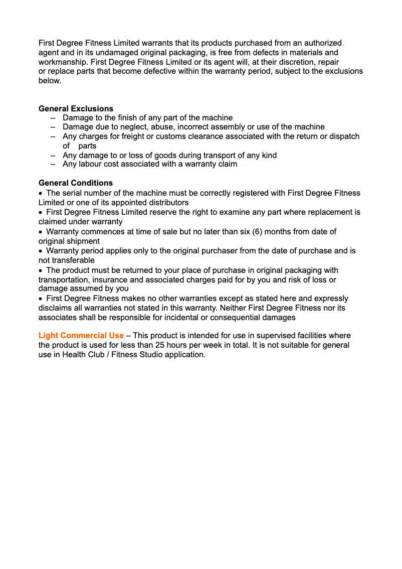 Page n°1 - Informations de garantie First Degree Fitness Viking Pro Plus V