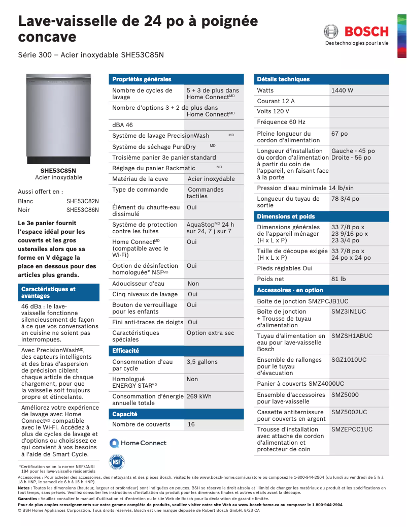 Page 1 de la notice Fiche technique Bosch SHE53C85N
