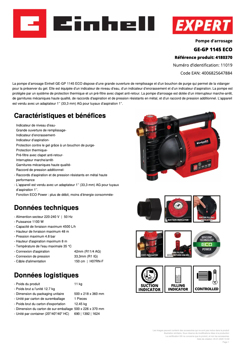 Page n°1 - Fiche technique Einhell GE-GP 1145 ECO