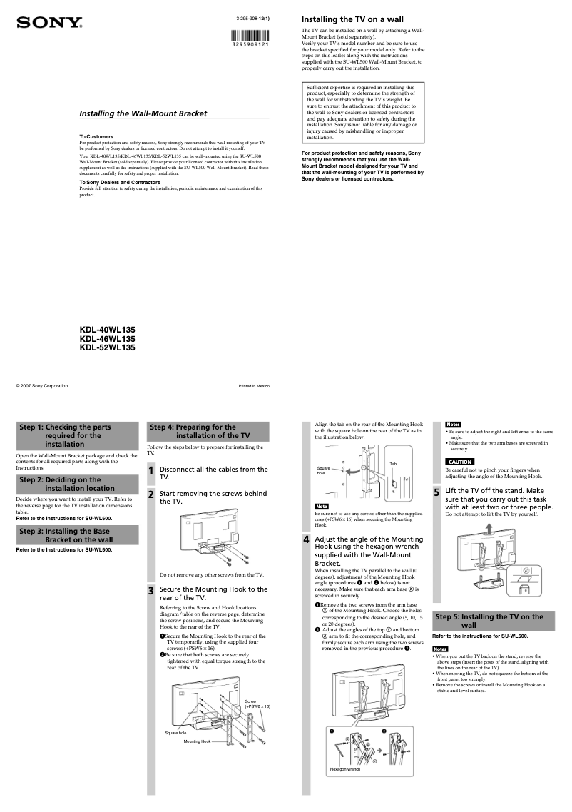 Page n°1 - Guide d'installation Sony Bravia KDL-40WL135