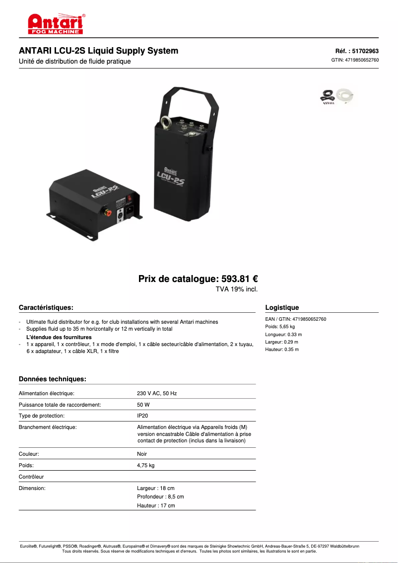 Page 1 de la notice Fiche technique Antari LCU-2S