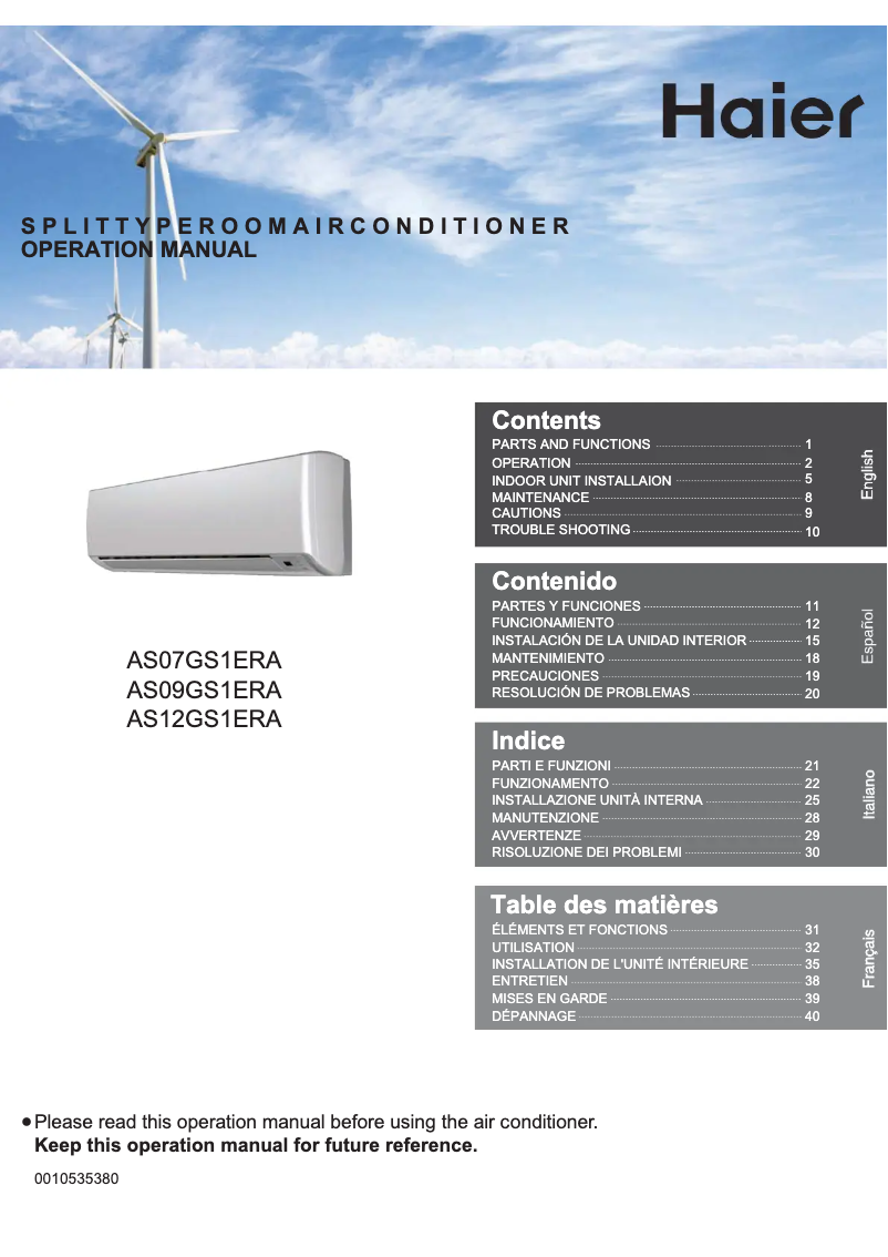 Page 1 de la notice Manuel utilisateur Haier AS12GS1ERA