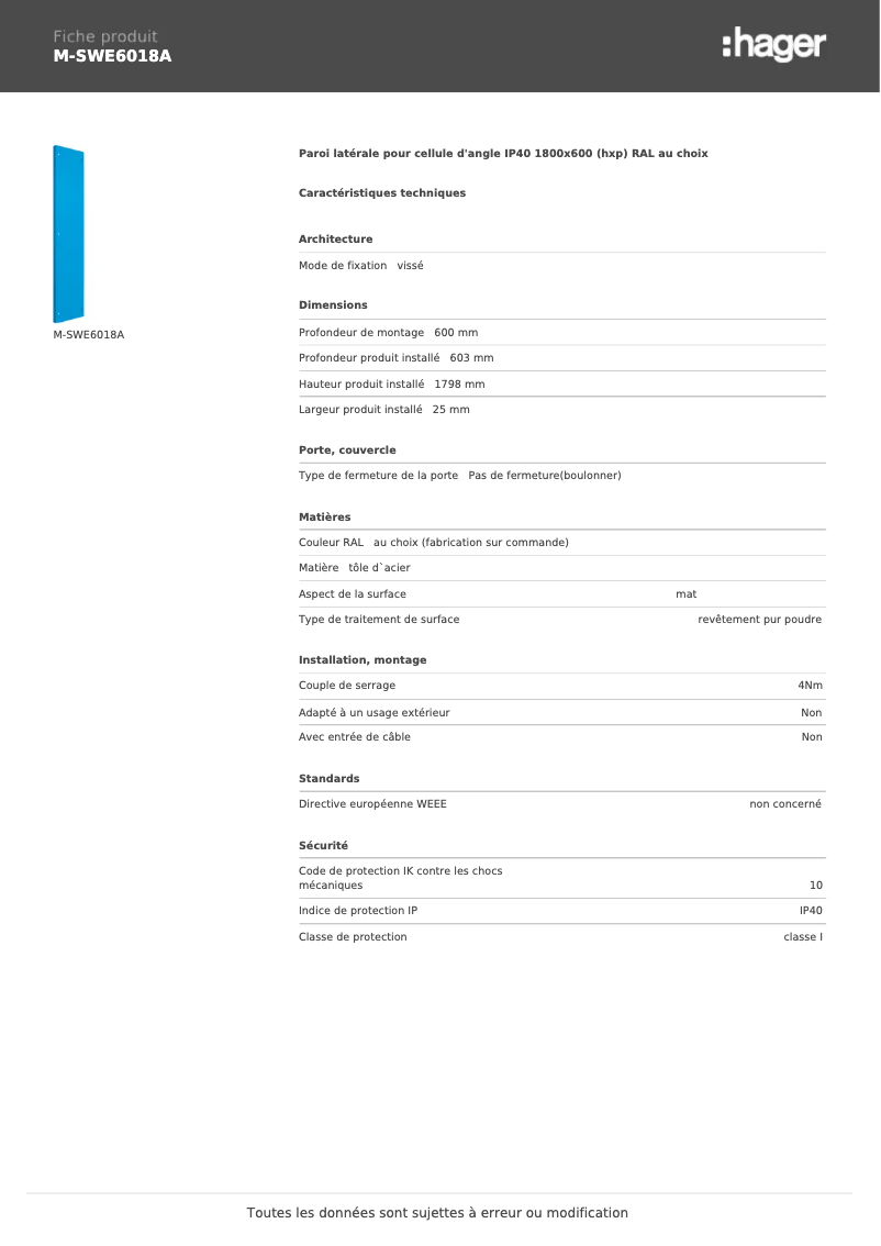 Page n°1 - Manuel utilisateur Hager M-SWE6018A