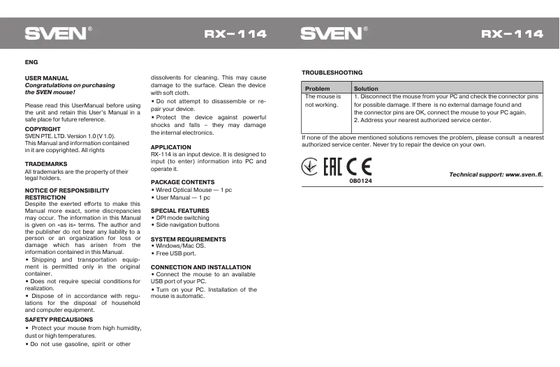 Page 1 de la notice Manuel utilisateur Sven RX-114