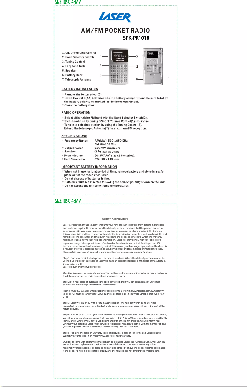 Image de la première page du manuel de l'appareil SPK-PR1018