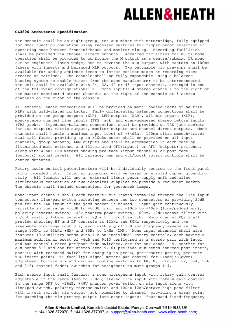 Página 1 del manual Ficha técnica Allen & Heath GL3800