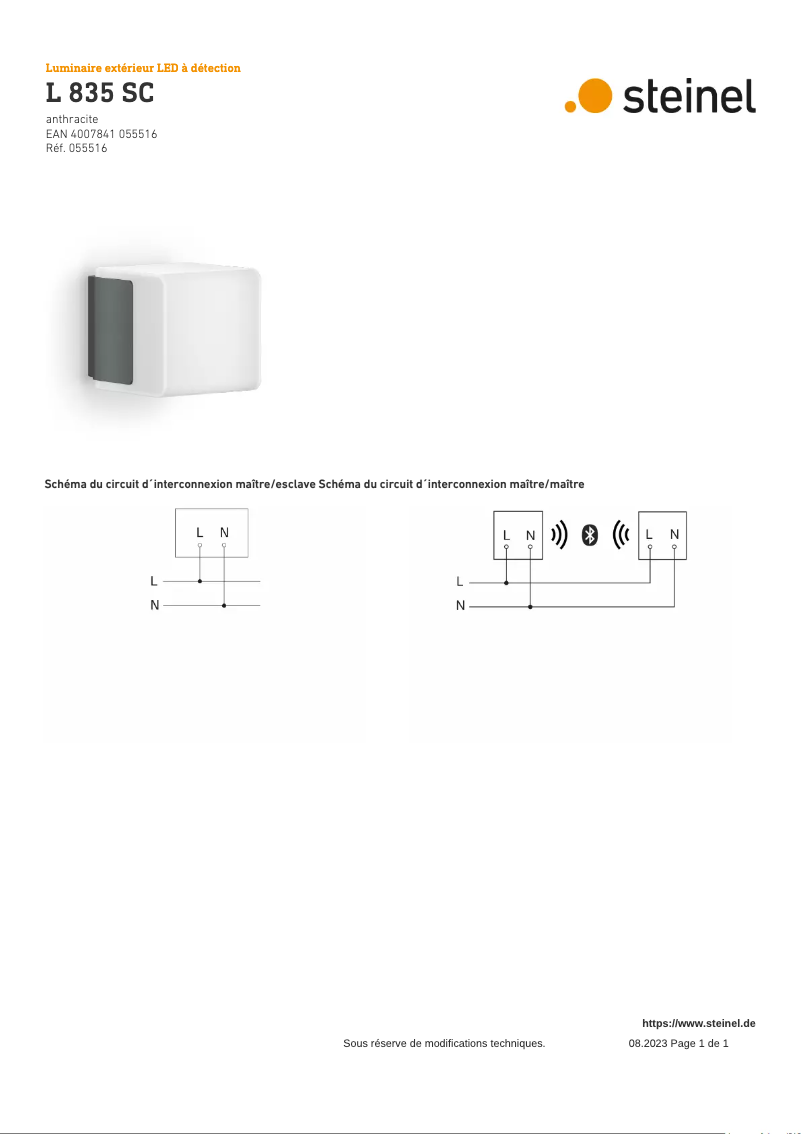 Page 1 de la notice Schéma de câblage Steinel L 835 SC