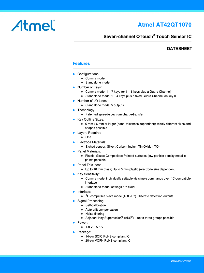 Page 1 de la notice Fiche technique Microchip AT42QT1070
