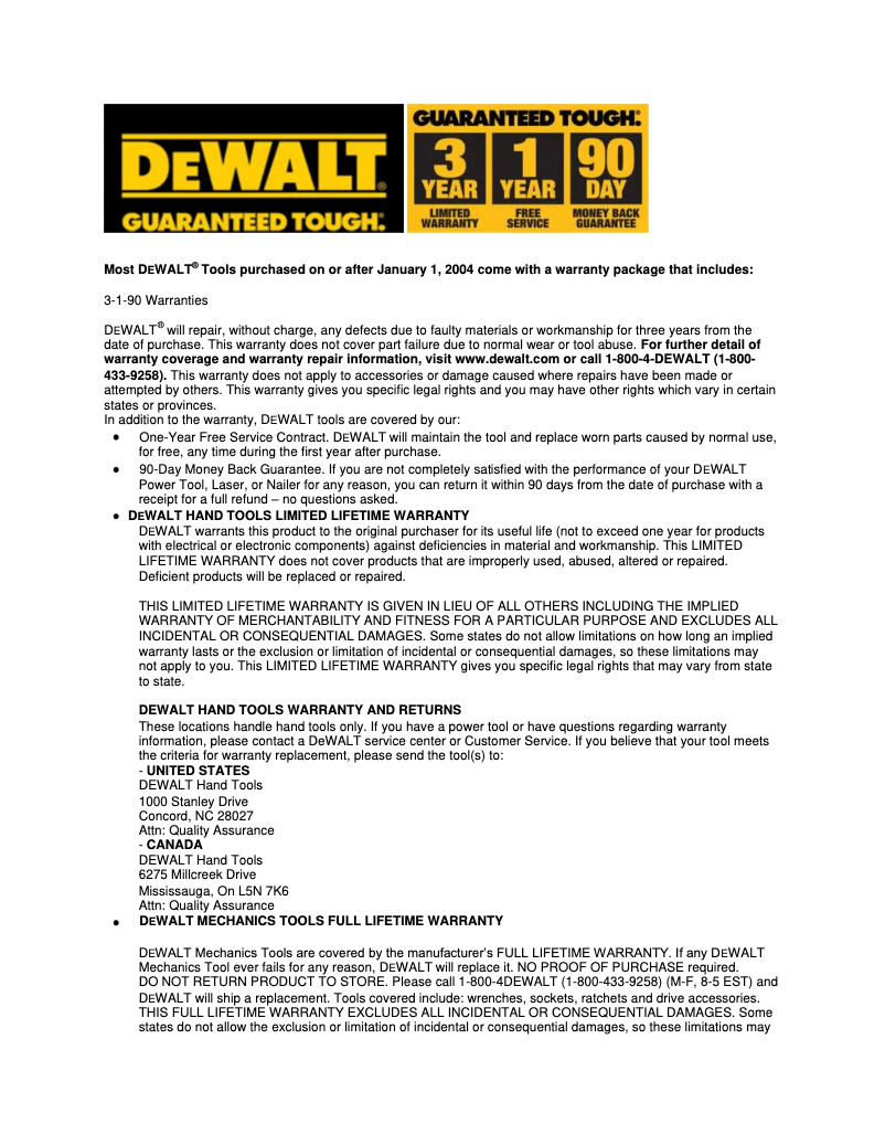 Page 1 de la notice Informations de garantie DeWalt D55167