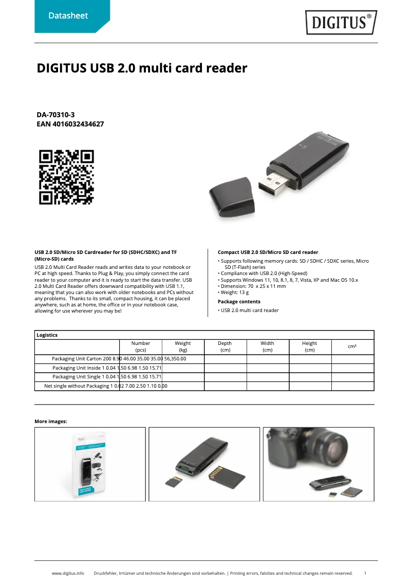 Page 1 de la notice Fiche technique Digitus DA-70310-3
