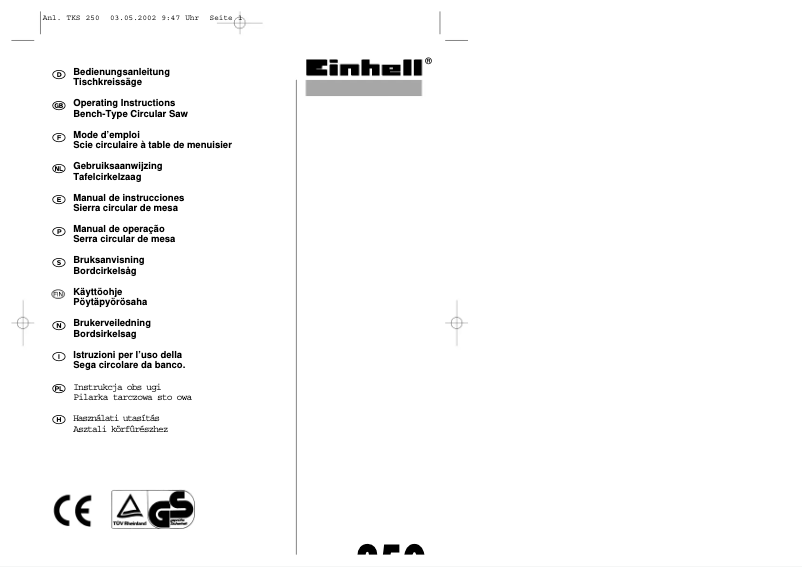 Page n°1 - Manuel utilisateur Einhell TKS 250 UV