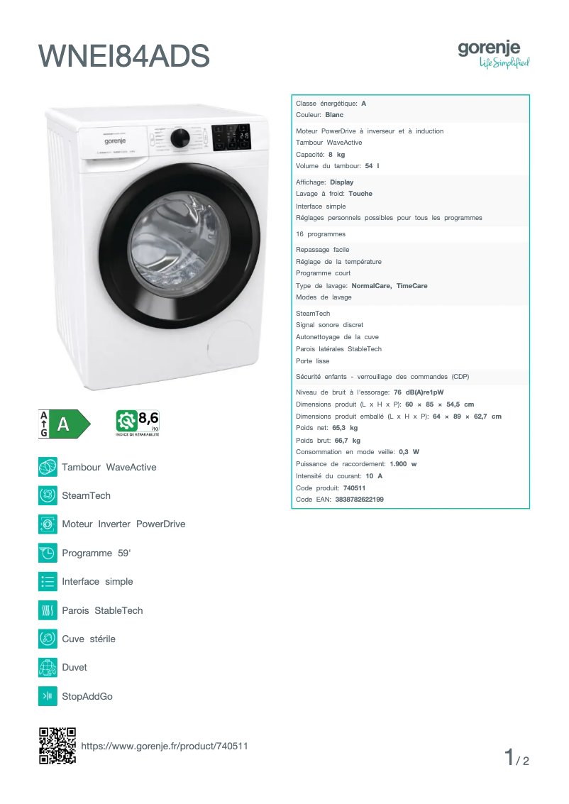Page 1 de la notice Fiche technique Gorenje WNEI84ADS