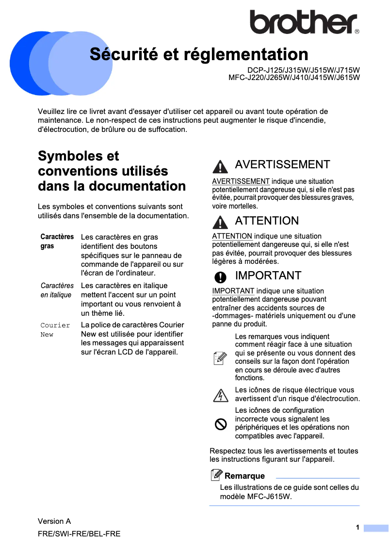 Page 1 de la notice Instructions de sécurité Brother DCP-J315W