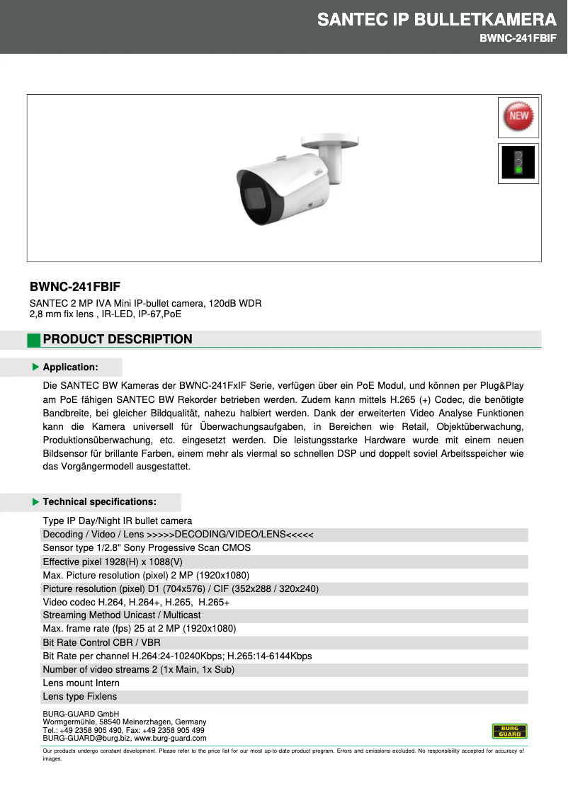 Page 1 de la notice Fiche technique Burg Wächter BWNC-241FBIF