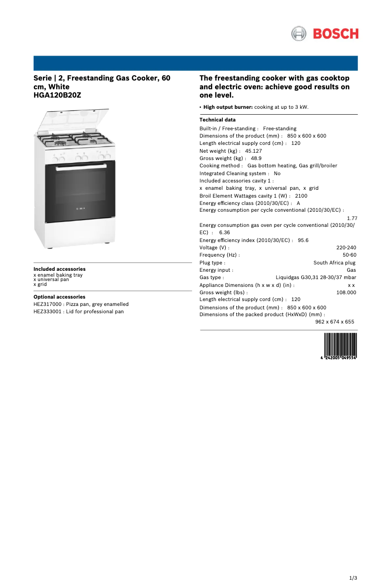 Página 1 del manual Ficha técnica Bosch HGA120B20Z