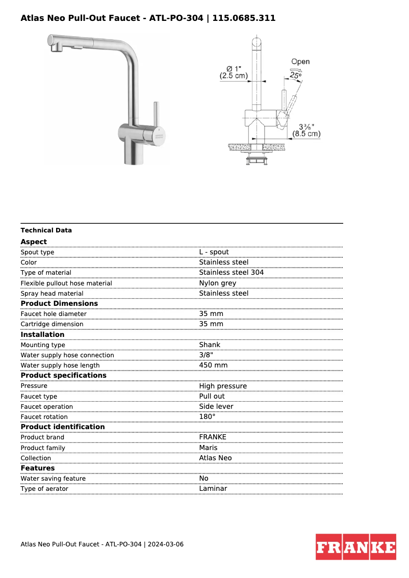 Page 1 de la notice Fiche technique Franke ATL-PO-304