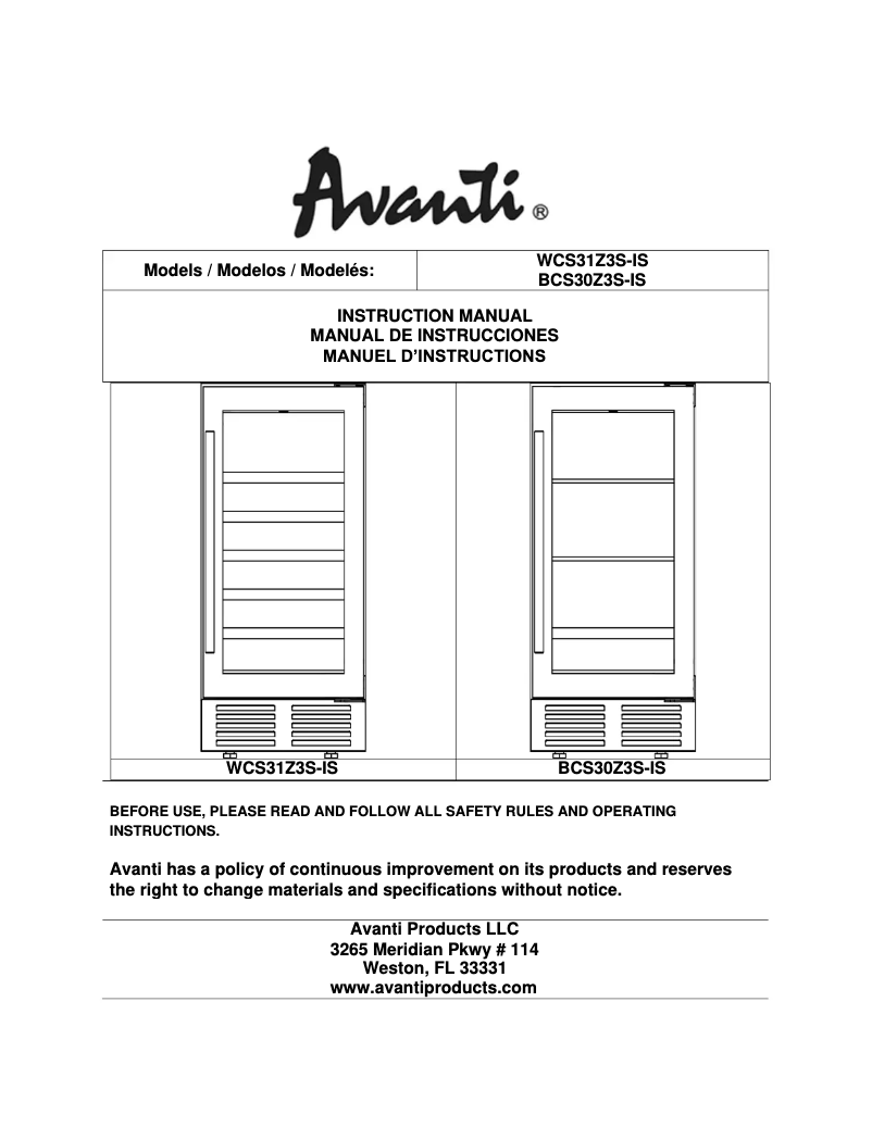 Page 1 de la notice Manuel utilisateur Avanti WCS31Z3S-IS