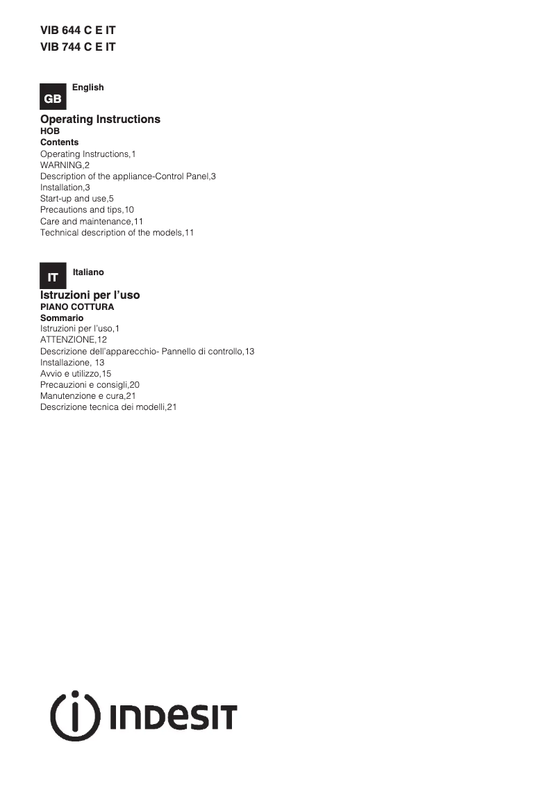 Page n°1 - Manuel utilisateur Indesit VIB 744 C E IT