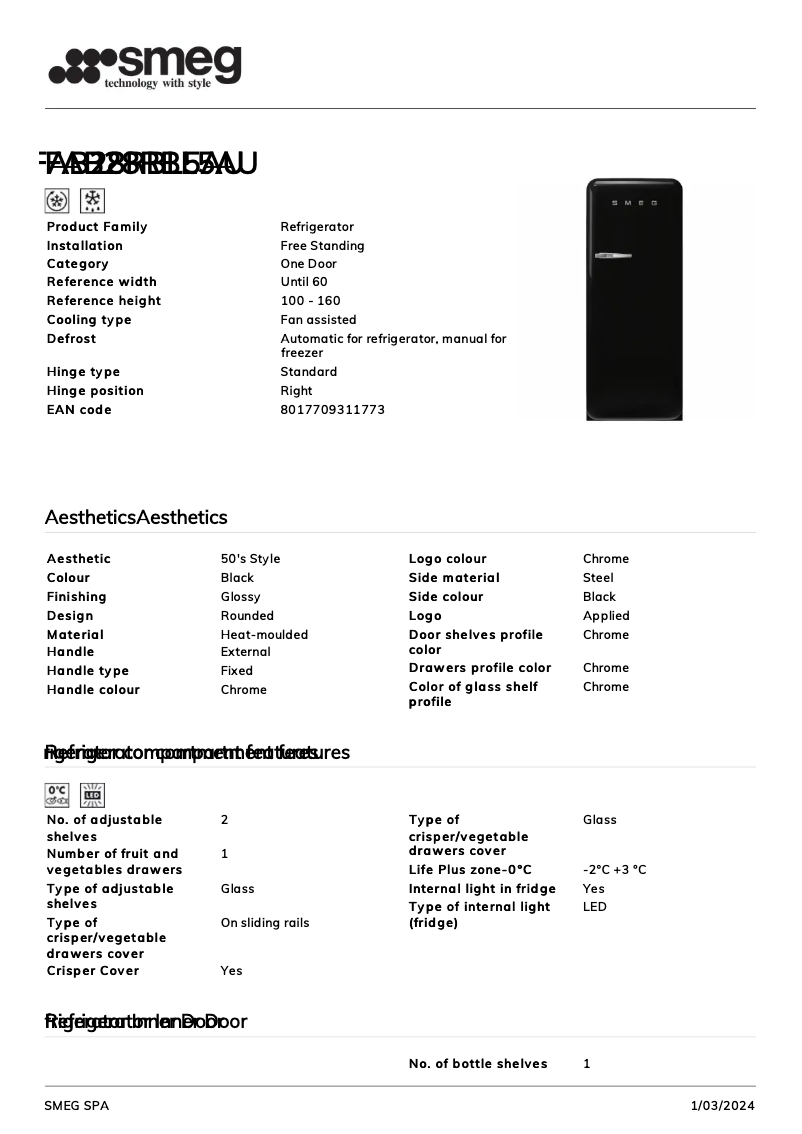 Page n°1 - Fiche technique Smeg FAB28RBL5AU